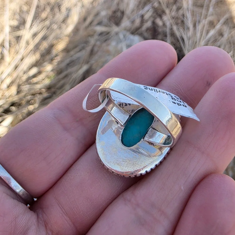 Arizona Turquoise Sterling Silver 925 Statement‎ Ring Size 9 Oval Beaded H034